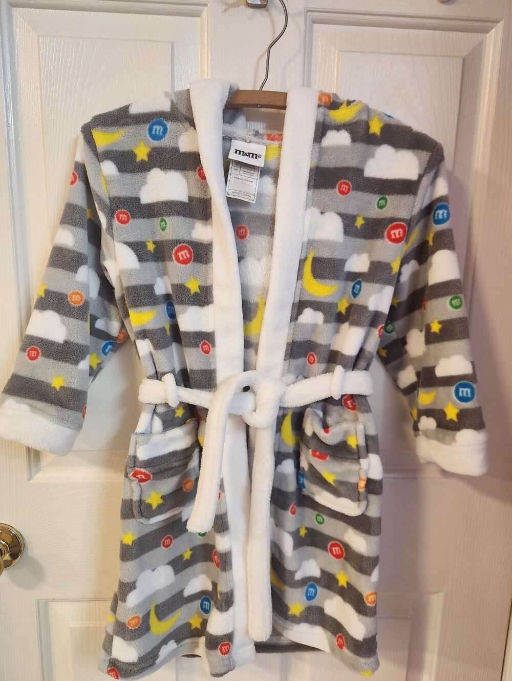 M&M'S Kids Grey Cloud & Stars Plush Hooded Robe with Colorful Candy Dots